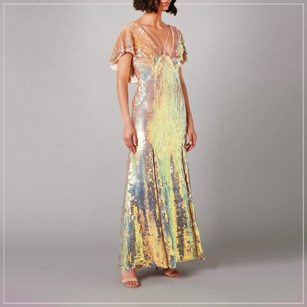 $6900 Temperley London Bardot Iridescent Sequin Embellished Runway Gown